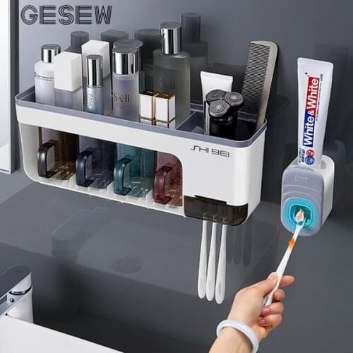 GESEW Integrated Toothbrush Holder Punch-Free Bathroom Storage Super Load-Bearing Toothpaste Dispenser Home Bathroom Accessories