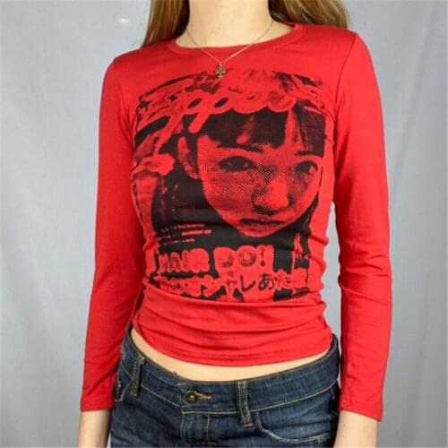 2021 Print Crop Tops Grunge Fairy Y2K Aesthetic Long Sleeve T Shirt O Neck Retro Cute T-shirt Women Summer Autumn Harajuku Tops