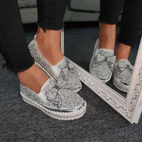 Women Shining Rhinestone Slip-on Loafers With Cute Bowknot Thick Botton Lazy Casual Ladies Shoes Rhinestones Female Flat Shoes
