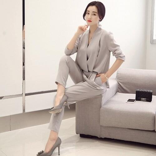 Two piece set top and pants workplace womens long-sleevedV-neck temperament professional two-piece jacket high waist pants suit