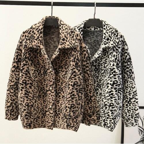 Imitation Mink Fleece Leopard Sweater Cardigan Women Fall Winter Korean Loose Soft Short Jacket Stylish Long Sleeve Knitted Coat
