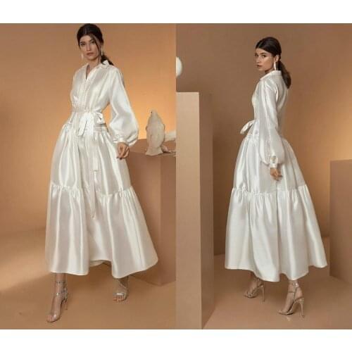 2021 Jacket Wedding Dresses V Neck Satin Beaded Long Sleeves vintage tea-length Belt Cheap Vestidos De Novia garden bride gowns