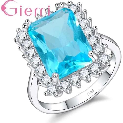 Top Rated Solid Silver Color Brand Jewelry Shiny Sky Blue Suqare Crystal Simple Ring for Women Wedding Engagement Bague