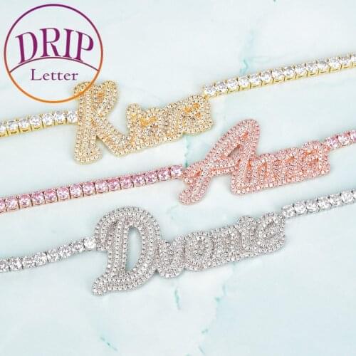 Cursive Letter Custom Name Necklace For Women Micro Pave Solid Back Pendant Hip Hop Rock Street Jewelry