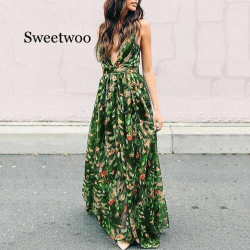 Women Maxi Dress Summer Sexy Long Dresses 2020 V-Neck Sundress Trips Strap Floral Print Backless Fashion Beach Dress To Floor