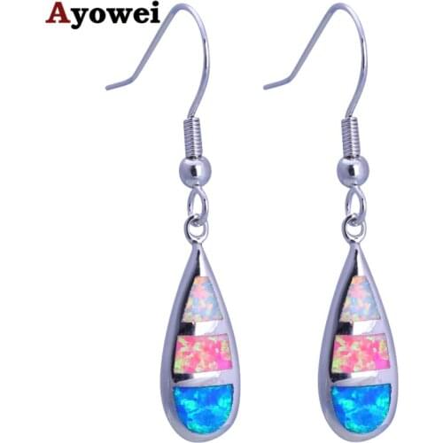 Ayowei Party special desgin white and pink and blue Fire Opal Silver Stamped Dangle Earrings Fashion Jewelry JE1157A