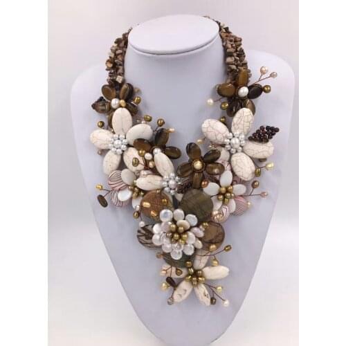White turquoise flower and freshwater pearl beads necklace 19inch weholesale beads gift FPPJ