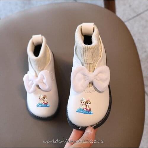 Disney Girls Princess Boots Children Shoes Autumn Winter Elsa Cotton Martin Boots Kids Baby Pu Leather Bow Toddler Flat Boots