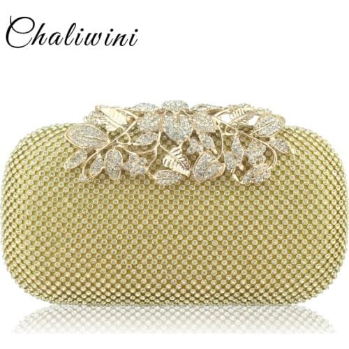 Chaliwini Flower Crystal Evening Clutches Bags Wedding Purse Rhinestones Wedding Handbag Silver Gold Black Evening Bag