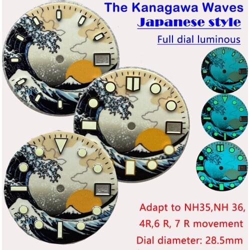 3D Print Kanagawa Wave 28.5mm Watch Dial for Seiko Watch BGW9 Full Luminous NH35/36/4R/6R/7S Movement Dive Watch Modification