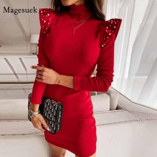 Above Knee Beading 2020 New Knit Dress Fashion Turtleneck Women Knitted Dresses Black High Waist Dress Vestidos Feminino 12683
