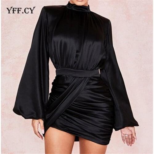 Elegant Black Silk Satin Dress Women Sexy Lantern Sleeve Mini Wrap Dress Ladies Long Sleeve Dress Vestido Short Outfit Dress