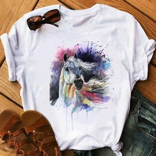 Graphic tees tops Watercolor Horse tshirts women funny t shirt white Tops casual short sleeve vogue tshirt Camisetas Mujer_T-Shi