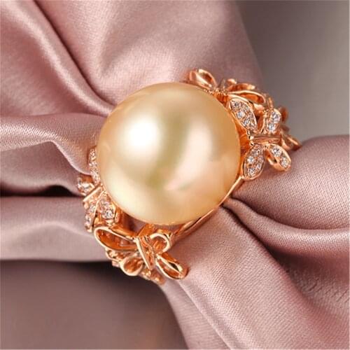 Hot Fashion Jewelry Size 6/7/8/9 Womens Yellow Gold Color Pearl Rings Wedding Party Gift R012