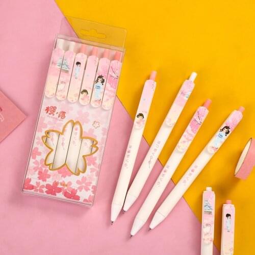 JIANWU 6Pcs/set Sakura Series Press Gel Pen Retractable 0.5 mm Pink Kawaii Stationery Neutral Pens Writing Tools School Supplies