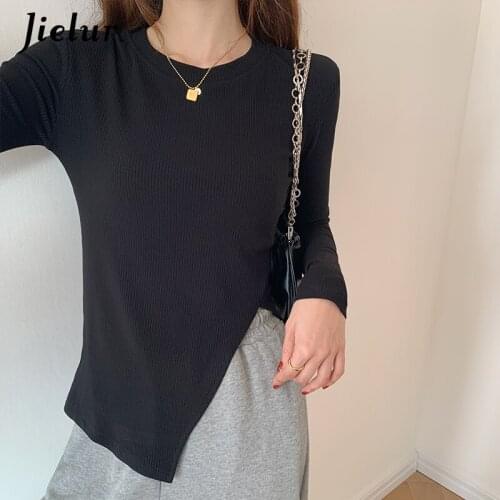 Jielur Irregular Split Hem Womens T-shirt Autumn Spring New Gray Black T shirts Long Sleeve Fashion Slim Basic Tops Female S-XL