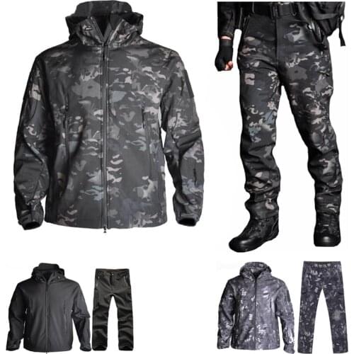 TAD Camouflage Hunting Clothes Outdoor SharkSkin Tactical Millitary Softshell Jacket + Pants Men Waterproof Combat Jacket
