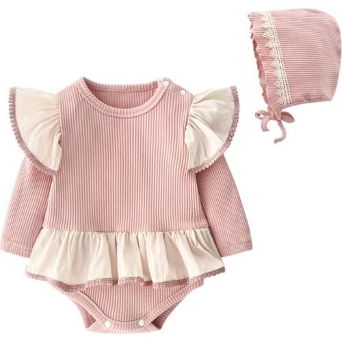 Toddler Baby Girl Knitted Jumpsuits Infant Kids Long Sleeved Romper Solid 2pcs Ruffles + Beanies Cotton Rompers Newborn Outwear