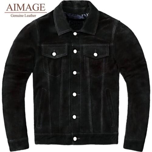 Cowhide two-layer suede leather Genuine Cowhide Leather Jacket mens denim motorcycle leather jacket slim-fit jacket PY109