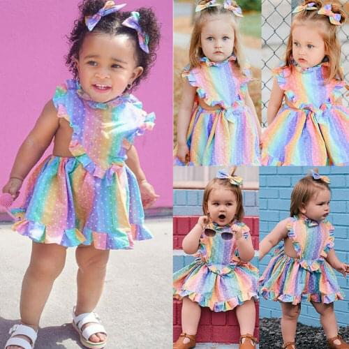 Cute Toddler Baby Girls 1-5Y Dress Love Colorful Rainbow Striped Ruffles Strap Dress Romper Summer Outfit Clothes