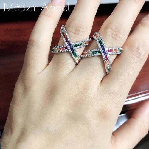 ModemAngel Delicate X Combined Micro Pave Cubic Zirconia Big Finger Ring Fashion Women White Color Rings Jewelry