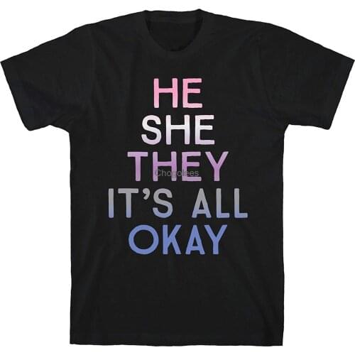 Look HUMAN He She They Its All Okay Gender Fluid Black Mens Cotton Tee