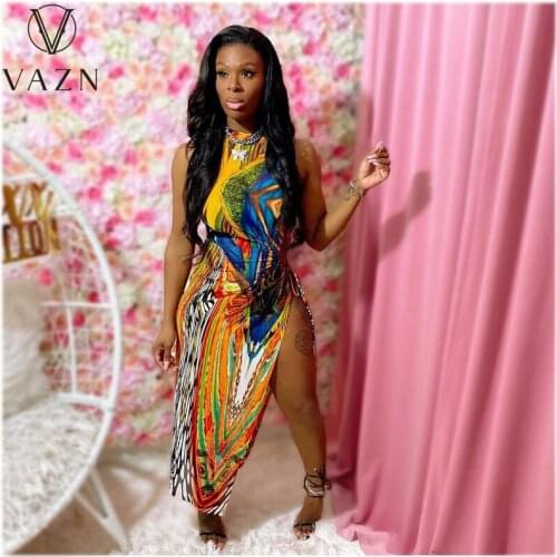 VAZN 2020 New Arrival Bandage Colorful Print Dresses Sexy Club Casual Party Dress Shinny Women High Waist Dress