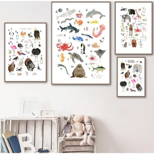 Bird Cat Bear Whale Shark Alphabet Nursery Wall Art Canvas Painting Nordic Posters And Prints Wall Pictures Baby Kids Room Decor
