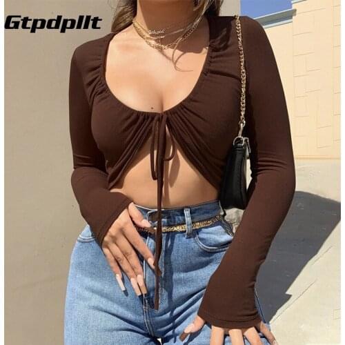 Gtpdpllt Sexy Casual 2020 Women Autumn Christmas Long Sleeve Lace Up Cropped T Shirt Tops V Neck Black White Short Basic Tees