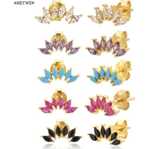 ANDYWEN 925 Sterling Silver Gold Six Ovals Stud Earring Clear Purple Turquoise Black Red Crystal Rainbow Piercing Pendientes
