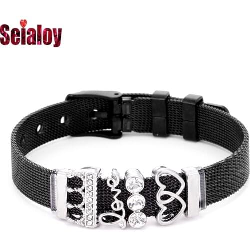 SEIALOY New Stainless Steel Mesh Bracelets For Women Men DIY Shine Crown Love Charm Brands Bracelet Bangle Jewelry Gift