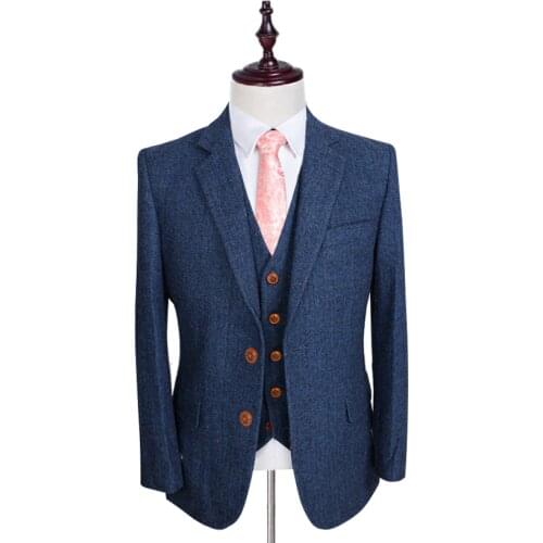Wool Blue Herringbone Man Suits Retro gentleman style Groom Tuxedos Custom made Wedding suits (Jacket+Pants+Vest)