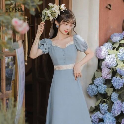 SLPBELY Women French Vintage Dress Elegant Chiffon Square Collar Princes Blue Lace Dress Puff Sleeve Casual Holiday Vestidos New
