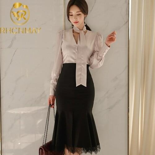 Elegant Korean Women Two Pieces Sets Sexy V-Neck Long Sleeve Shirt And High Waist Pencil Skirt Set Fashion Office Lady Suit S-XL