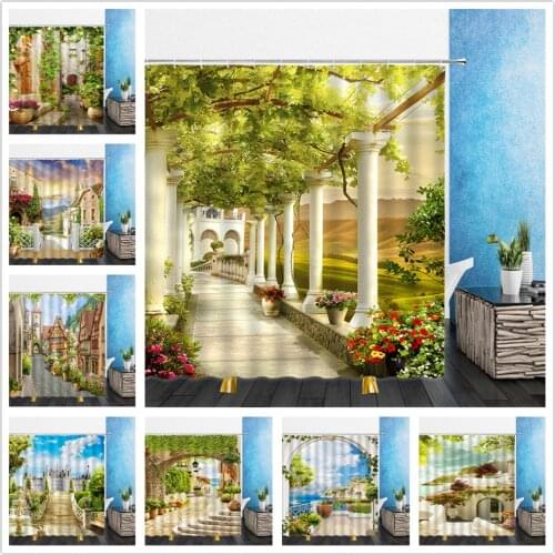 Natural Scenery Shower Curtains European Building Mediterranean Landscape Flower Plant House Street Bathroom Decor Cloth Curtain