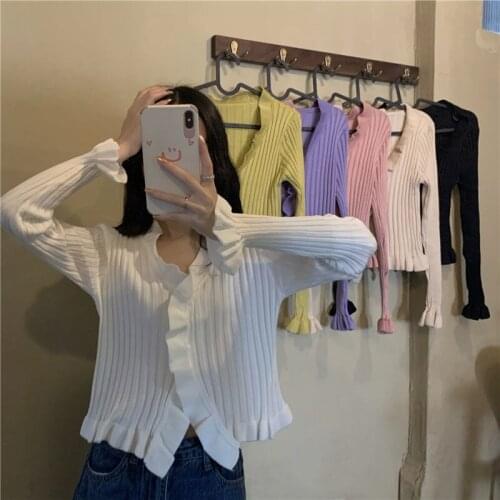 New Beauty Sweet Chic Cute Knitted Shirts Women V-Neck Single Breasted Good Elasticity Crop Cardigan Sweaters Tops Slim Knitwear