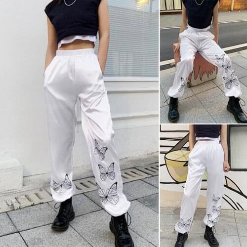 Womens Fashion Butterfly Printed Pants Sports Running Pants Casual Pants White