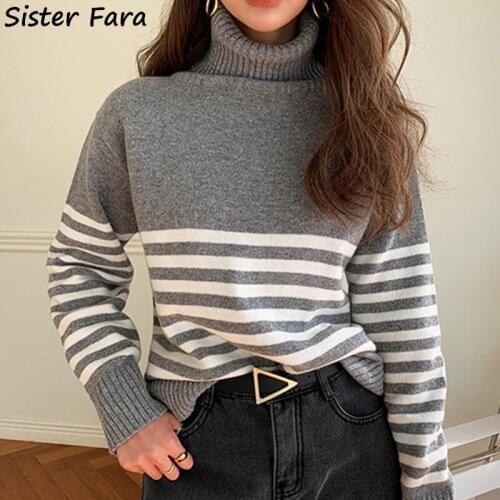 Sister Fara Autumn Women Oversized Knitted Sweaters Winter Warm Pullovers Striped Sweaters Ladies Turtleneck Patchwork Loose Top