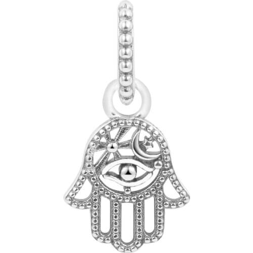 100% 925 Sterling Silver Protective Hamsa Hand Dangle Beads Fits Pandora Bracelets Charms DIY Jewelry Making Gift for Women