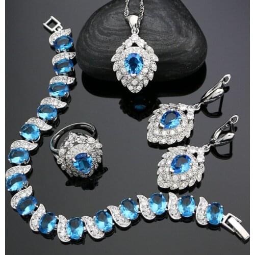 925 Silver Bridal Jewelry Sets For Women Wedding Accessories Sky Blue Cubic Zirconia Earrings Pendant Necklace Ring Bracelet