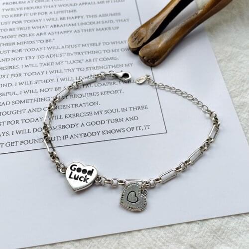 925 Silver Bracelet Retro Good Luck English Letter Bracelet Love Heart Pendant Bracelet Temperament Couple Bracelet
