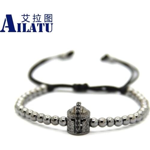 Ailatu 4mm High Grade Bronze Beads Weave Cubic Zirconia Double-face Spartan Helmet Braided Macrame Bracelet Pulseira Hombres