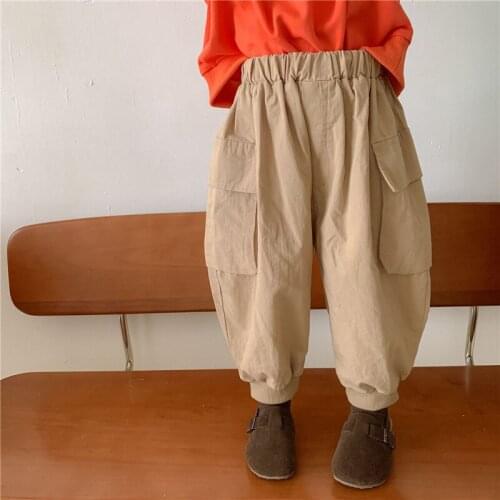 Autumn children solid color loose cargo pants unisex bottoms boys and girls otton casual all-match trousers