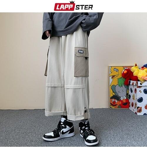 LAPPSTER Men Patchwork Pockets Streetwear Cargo Pants 2021 Mens Wide Leg Baggy Causal Joggers Pants Male Korean Fashion Joggers