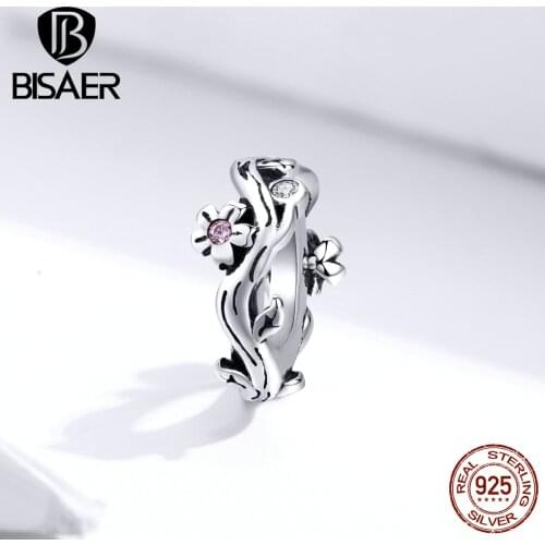 BISAER 925 Sterling Silver Vintage Sakura branches Spacer Beads Charms for Bracelet Making DIY Jewelry Accessories ECC1448