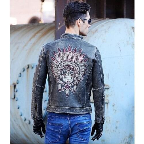 C&C Market.Old vintage cowskin jackets,EMS Indian mens genuine leather coat,motorcycle slim.biker.Brand cool clothing