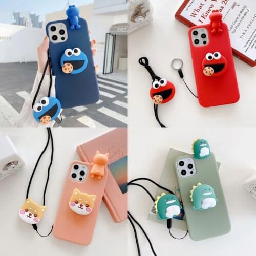 For iPhone 12 11 Pro Max Xs XR 6 7 8Plus Case Cartoon Ring Grip Stand Holder Rope Phone Case