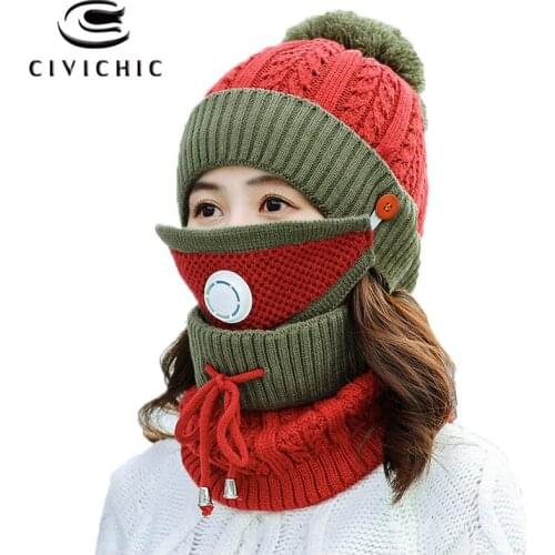 CIVICHIC Hot Fashion Woman Winter Knit Hat Scarf Mask 3 Piece Set Thick Pompon Beanies Warm Suit Neck Warmer Fleece Cap SH123