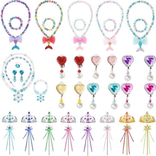 Kids Girl Elsa Anna Necklace Crown Magic Sticker Set for Baby Child Heart Shape Earrings Bracelet Headband for Princess Dress up