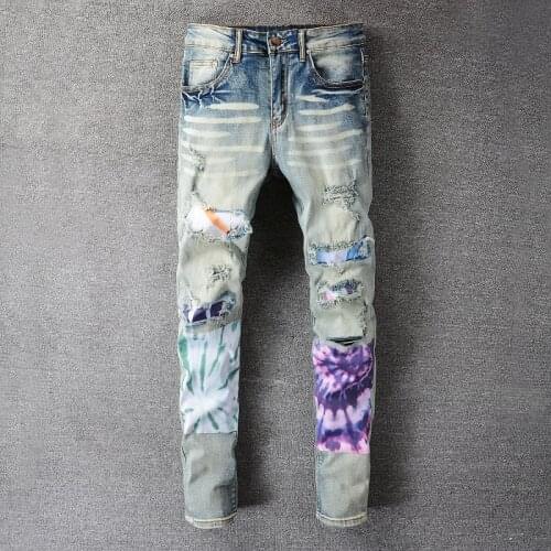 Hole Tie Dye Stitching Contrast Patch Fabric Ripped Jean Street Trendy Men Jean Motorcycle Pant Punk Denim Pant Hip Hop Jean Men